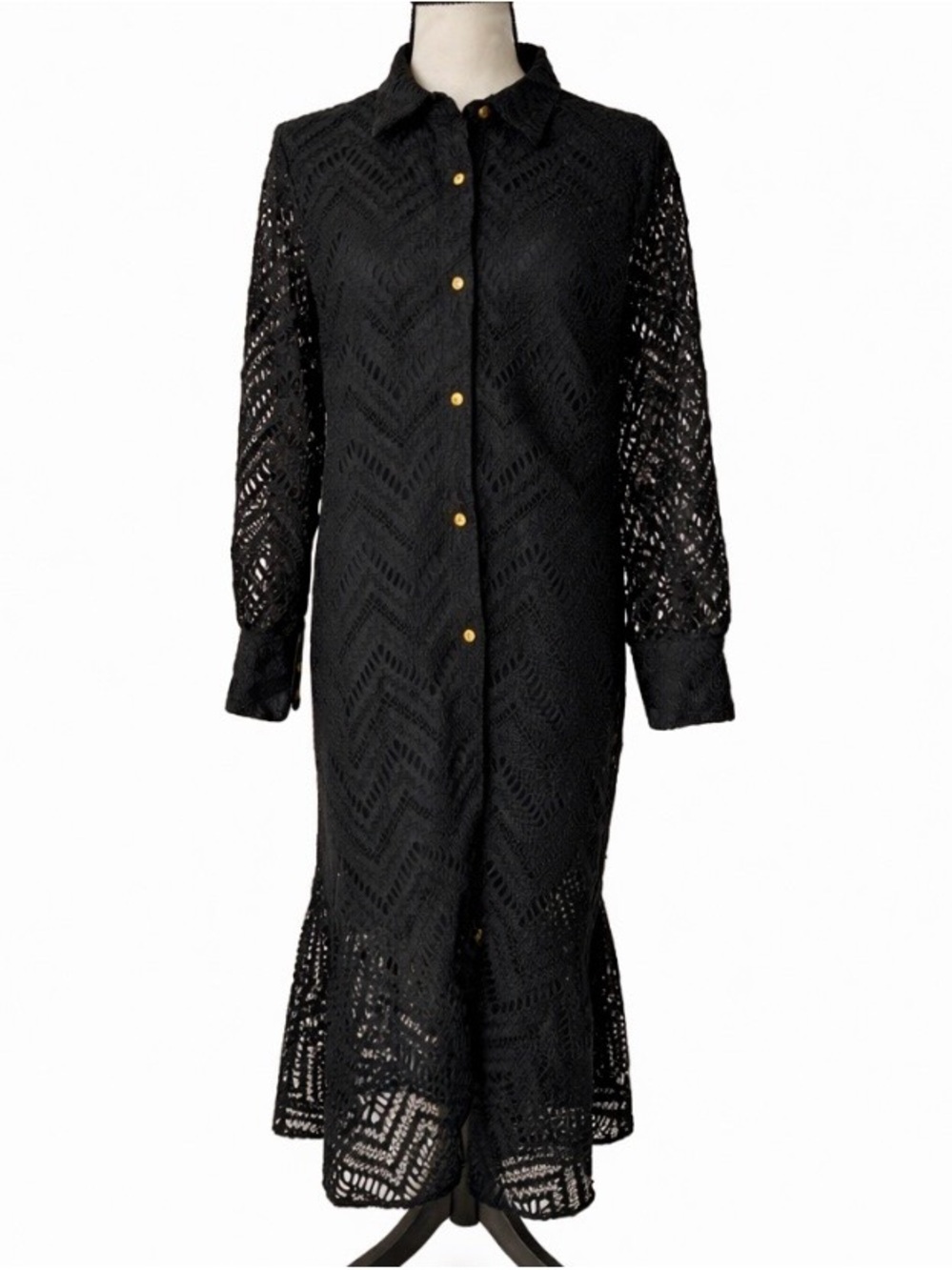 Black Lace Maxi Dress 16 Button Front Collared Long Sleeve Chic Goth Mob Wife